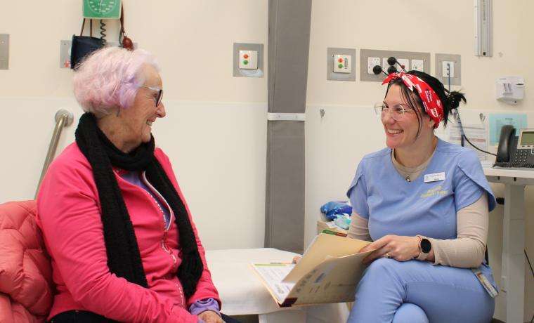 BCH Continence Nurse Ebony Scott, right, consults client Eileen Callaghan at Wonthaggi Hospital.