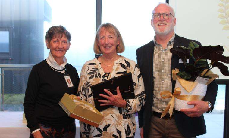 Marj Wagland, centre, is the current Secretary of the San Remo Opportunity Shop and was  congratulated on her 30 years of service by Bass Coast Health Board Member Mary Whelan and Board  Chair Ian Thompson.