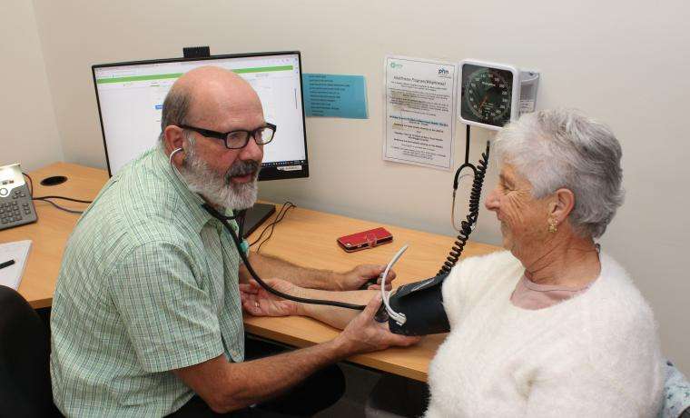 Bass Coast Health Credentialled Diabetes Educator Roger Lindenmayer consults patient Teresa  Piasente at Wonthaggi Hospital.