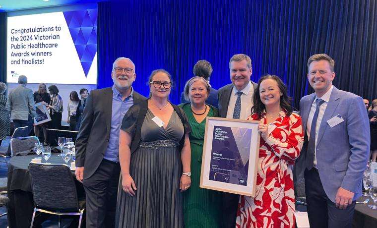 At the Victorian Public Healthcare Awards presentation evening were, from left, BCH Board Chair Ian Thompson; BCH Executive Director of Quality, Health Information, Technology and Support Services, Emilia Pezzi; Safer Care Victoria CEO Louise McKinlay; Department of Health Secretary Professor Euan Wallace; BCH Executive Director of People and Culture, and Acute Clinical Services, Christine Henderson; and BCH Acting CEO Shaun Brooks.