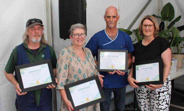 Recipients of service awards at Bass Coast Health’s Annual General Meeting were staff, from left, Darryl Lewis, 25 years, Glenda Edwards, 30 years, Andrew Pollitt, 20 years, and Maree McFarlane, 35 years.