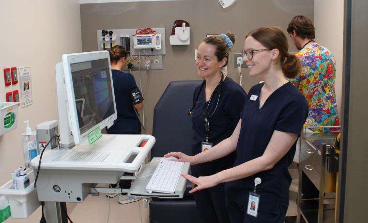 Alfred Health Registered Nurse Emily Arnold, second from right, learning in the Emergency Department at Wonthaggi Hospital from Bass Coast Health Registered Nurses Abbey Shaw, Kirby Ireland and Matthew Pearce.