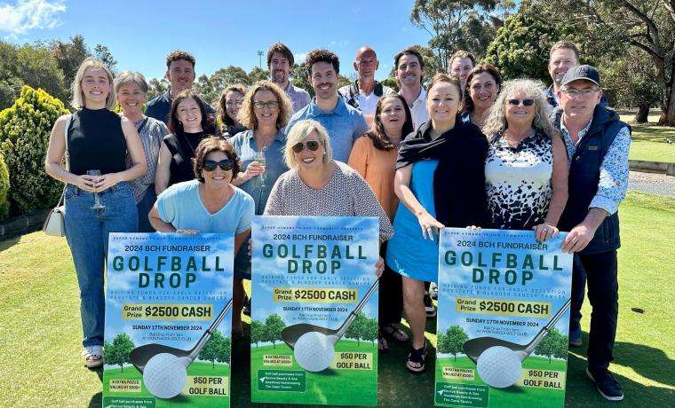 Golf Ball Drop fundraiser organisers Allison Adams of Revive Beauty and Spa, Wonthaggi; Melissa Stirton of Headlines Hairdressing, Wonthaggi; and Michael Turton of The Cape Tavern with Bass Coast Health staff Alex Burke, Shannon Burke, Will Rickards, Melanie Shields, Fiona Mills, Dr Megan Scott, Kai Allison, Andrew McNeel, Glen Dunstan, Chris Burns, Matthew Pearce, Chris Henderson, William Jennings of Imaging Associates, Kerry Redmond, Kaylene Hodgetts and Chief Financial Officer Shaun Brooks.