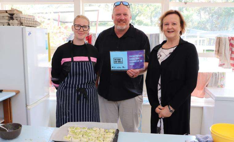 Katrina (Kitchen Specialist, Foster Primary School), Scott (School Principal, Foster Primary School) and Sue (Assistant Principal, Foster Primary School) celebrating their efforts in Vic Kids Eat Well.