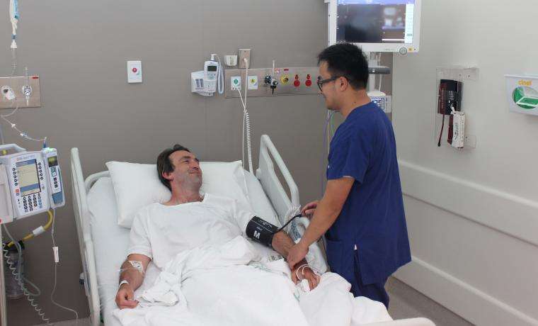 Patient Andrew Burgan receives care from Registered Nurse Jude Aguilar in the Emergency Department at Wonthaggi Hospital.