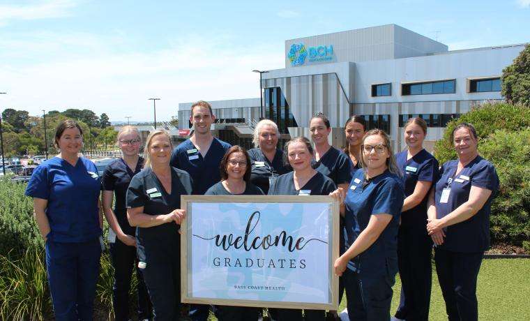 The February intake of Graduate Nurses and Midwives at Bass Coast Health includes, from left, Jo Johnston, Jessica Kaldvee, Kylie Walker, Will Brusamarello, Melissa Glasgow, Rachel Bott, Cathy Shea, Krista Campbell, Zoe Atkins, Tess Harland, Hayley Furmage and Orla Cummins.